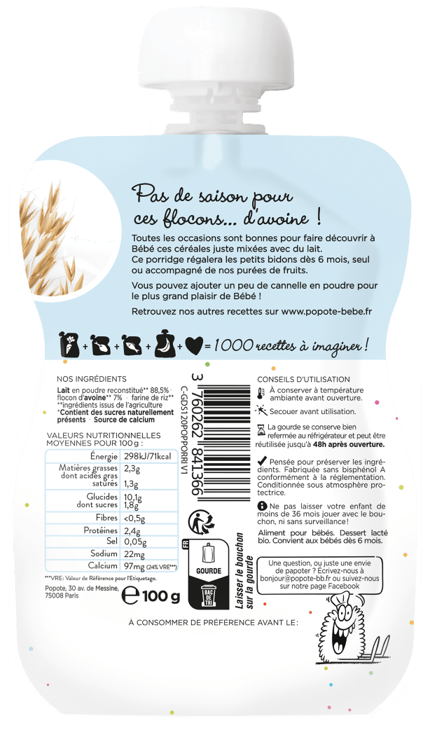 Popote -- Gourde lactée porridge bio - 100 g
